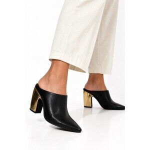 Worthington Black Pointed Toe Mules Architectural Metallic Block Heel Size 6.5